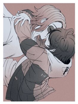 Rule 34 | 2boys, ahoge, aotsuki eito, arms around neck, brown theme, closed eyes, commentary, face-to-face, from above, highres, hood, hoodie, imminent kiss, jacket, jacket over hoodie, male focus, monochrome, multicolored hair, multiple boys, nodplus50pts, parted lips, shirt, short hair, streaked hair, sumino takumi, sunglasses, the hundred line -last defense academy-, yaoi