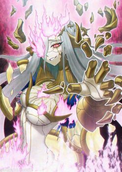 1girl azamina commentary_request cracked_face crumbling duel_monster fire grey_hair hair_over_one_eye long_hair long_neck looking_at_viewer outstretched_hand purple_fire red_eyes smile twitter_username yu-gi-oh! zidai_okuraven