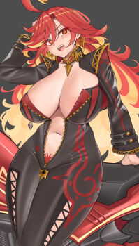 1girl :d biker_clothes bikesuit blonde_hair blush bodysuit breasts brown_eyes cleavage commentary english_commentary female_pubic_hair genshin_impact highres large_breasts long_hair mavuika_(genshin_impact) motor_vehicle motorcycle multicolored_hair navel open_mouth paid_reward_available pubic_hair pubic_hair_peek red_hair smile solo sweatdrop symbol-shaped_pupils taiko3000cc teeth two-tone_hair