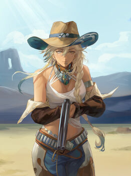 1girl absurdres argus_(reverse:1999) arm_warmers blonde_hair blue_pants braid breasts chaps cigarette cowboy_hat cowboy_shot cowgirl_(western) crop_top double-barreled_shotgun expressionless grey_eyes gun hat heterochromia highres kuza_brs long_hair looking_at_viewer medium_breasts outdoors pants reverse:1999 shirt shotgun solo weapon white_shirt yellow_eyes