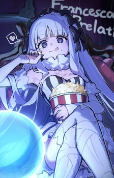1girl black_bow black_eyes bow braid breasts character_name collar colored_inner_hair commentary_request crossed_legs crystal_ball detached_sleeves dress eating english_text fate/strange_fake fate_(series) food food_on_body francesca_prelati_(fate) frilled_collar frills grey_hair hair_bow heart highres holding holding_food licking_lips long_hair long_sleeves looking_at_object multicolored_hair multiple_hair_bows popcorn ringed_eyes sitting sleeves_past_wrists smile solo spoken_heart striped_clothes striped_dress thighhighs tongue tongue_out vertical-striped_clothes vertical-striped_dress very_long_hair white_hair white_thighhighs zizi_niisan