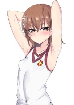 1girl :/ absurdres armpits arms_behind_head breasts brown_eyes brown_hair commentary commentary_request gym_shirt gym_uniform hair_between_eyes hair_ornament hairpin highres latte_(latte_daruta2) light_blush looking_at_viewer misaka_mikoto school_emblem shirt short_hair sleeveless sleeveless_shirt small_breasts solo sweat toaru_kagaku_no_railgun toaru_majutsu_no_index tokiwadai_school_gym_uniform upper_body white_background white_shirt