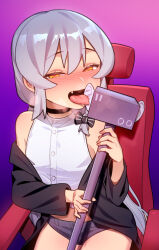 1boy asmr_microphone ear_licking femboy grey_hair highres ikr_(artist) licking long_hair tongkkangi tongkkangi_(streamer) trap virtual_youtuber