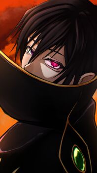 1boy absurdres black_cape black_hair cape code_geass covered_mouth gem glowing glowing_eyes green_gemstone highres lelouch_vi_britannia looking_at_viewer orange_background red_eyes short_hair