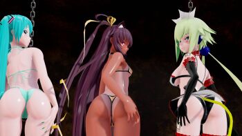 3d 3girls animal_ears animal_print arm_support artist_request ass bare_legs bare_shoulders bikini blush bombergirl breasts brown_eyes brown_hair cameltoe cat_ears cat_print censored crossover emera_(bombergirl) fake_animal_ears fingernails green_hair hair_ribbon hatsune_miku highres huge_ass long_hair long_twintails looking_at_viewer looking_back micro_bikini mizuki_yukikaze multiple_girls one-piece_tan partially_visible_anus partially_visible_vulva presenting ribbon small_breasts swimsuit taimanin_(series) taimanin_yukikaze take_your_pick tan tanline thong thong_bikini upper_body very_long_hair vocaloid
