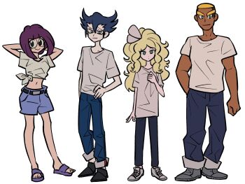 2boys 2girls alternate_costume arms_behind_head belt black_belt black_eyes black_hair black_shoes blonde_hair blue_pants blue_shorts brown_hair caitlin_(pokemon) casual closed_mouth commentary_request crop_top dark-skinned_male dark_skin dot_mouth eyelashes fingernails flat_color full_body glasses green_eyes grey_shoes grimsley_(pokemon) hand_in_pocket hand_on_own_hip highres long_hair marshal_(pokemon) midriff multicolored_hair multiple_boys multiple_girls navel nintendo nizaki_jitsu orange_hair pants pokemon pokemon_bw purple_hair purple_sandals sandals shauntal_(pokemon) shirt shoelaces shoes short_hair shorts simple_background smile standing thick_eyebrows two-tone_hair white_background white_shirt