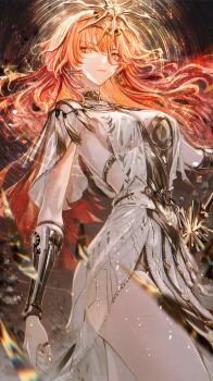 Rule 34 | 1girl, absurdres, arm armor, armor, augusta (wuthering waves), black collar, breastplate, breasts, closed mouth, collar, commentary, cowboy shot, dress, earrings, hair between eyes, headgear, highres, holding, holding sword, holding weapon, jewelry, long hair, looking at viewer, medium breasts, orange eyes, orange hair, renoahh, revision, solo, sun earrings, sword, thighs, weapon, white dress, wuthering waves