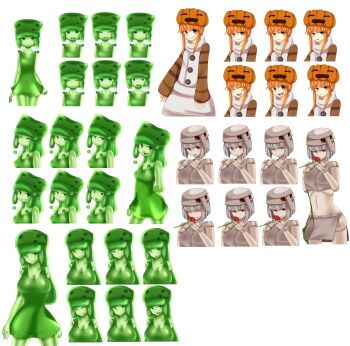 5girls at2. black_eyes blunt_bangs blush breasts cleavage closed_mouth doll_joints expressionless multiple_expressions flower green_eyes green_hair grey_hair highres holding holding_flower iron_golem_(minecraft) joints large_breasts long_hair looking_at_viewer medium_hair minecraft mob_talker monster_girl multiple_girls orange_hair personification red_eyes seductive_smile short_hair sidelocks slime_(minecraft) slime_girl smile smug snow_golem_(minecraft)
