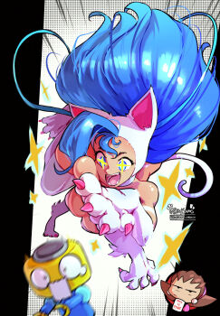 +_+ 2girls animal_ears animal_hands bare_shoulders blue_eyes breasts brown_hair cat_ears cat_tail crossover dark-skinned_female dark_skin darkstalkers fangs felicia_(darkstalkers) haysey highres long_hair marvel_vs._capcom marvel_vs._capcom_2 mega_man_(series) mega_man_legends_(series) multiple_girls robot servbot_(mega_man) short_hair tail teeth tron_bonne_(mega_man) very_long_hair white_fur