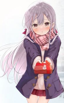 Rule 34 | 1girl, aran sweater, blue coat, blurry, blurry background, blush, bow, box, brown eyes, cable knit, coat, cowboy shot, double-parted bangs, gift, gift box, grey hair, hair ornament, hair ribbon, hairclip, hamaken. (novelize), happy valentine, highres, holding, holding box, holding gift, incoming gift, long hair, long sleeves, looking at viewer, open mouth, original, parallel hairclips, pink ribbon, pink scarf, plaid clothes, plaid scarf, pleated skirt, red bow, red skirt, ribbon, scarf, school uniform, skirt, solo, sweater, valentine, white sweater