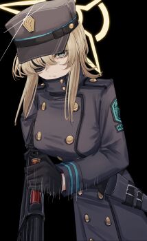 1girl absurdres ammunition black_background black_coat black_gloves black_hat blonde_hair blue_archive breasts buttons closed_mouth coat commentary_request double-breasted eyepatch glint gloves green_eyes gun halo hat highres holding holding_gun holding_weapon holster large_breasts long_sleeves looking_at_viewer medium_hair mossberg_500 motion_lines murderdoll1641 one_eye_covered overcoat patch peaked_cap pump_action reloading shotgun shotgun_shell shoulder_patch simple_background solo suou_(blue_archive) weapon yellow_halo