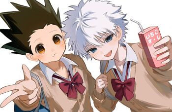2boys bag black_hair blue_eyes bow bowtie brown_eyes closed_mouth collared_shirt commentary crossdressing dot_nose drink_carton drinking_straw fang food food_on_face gon_freecss hunter_x_hunter juice_box killua_zoldyck looking_at_viewer male_focus multiple_boys open_mouth oyasai_ngate red_bow red_bowtie school_uniform shirt short_hair shoulder_bag simple_background symbol-only_commentary teeth upper_body v white_background white_hair white_shirt
