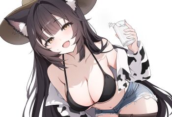 1girl absurdres animal_ear_fluff animal_ears animal_print bare_shoulders black_bra black_hair black_thighhighs blunt_bangs blush bra breasts brown_hat cat_ears cat_girl cleavage collarbone commentary commission cow_print cow_print_jacket cowboy_hat cup cutoffs denim denim_shorts drinking_glass english_commentary fang hair_intakes halterneck hand_up hat head_tilt highres holding holding_cup indie_virtual_youtuber jacket large_breasts leaning_forward liljuju long_hair looking_at_viewer micro_shorts midriff milk navel nyashira off_shoulder open_clothes open_jacket open_mouth panty_straps print_jacket shorts sidelocks simple_background skin_fang smile solo standing sweat thighhighs thighs underboob underwear very_long_hair virtual_youtuber white_background white_jacket yellow_eyes