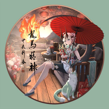 1girl absurdres ahoge alternate_costume aqua_dress arknights armlet black_shorts blonde_hair border brown_horns cat chinese_new_year chinese_text closed_mouth dragon_horns dragon_tail dress fire flame-tipped_tail flower green_eyes hair_flower hair_ornament harmonie_(arknights) highres holding holding_umbrella horns jewelry long_tail looking_at_viewer lu_(pixiv20967832) multiple_horns necrass_(arknights) oil-paper_umbrella reed_(arknights) round_border short_hair short_sleeves shorts sitting solo stuffed_toy tail umbrella