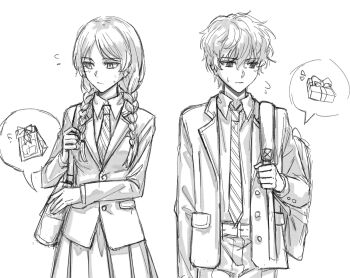Rule 34 | 1boy, 1girl, alternate costume, bag, baixiang1234567, belt, belt buckle, blush, braid, buckle, closed mouth, collared shirt, commentary request, fate/strange fake, fate (series), flying sweatdrops, highres, jacket, long hair, long sleeves, monochrome, necktie, no name assassin (fate), open clothes, open jacket, pants, pleated skirt, school bag, school uniform, shirt, short hair, sigma (fate), simple background, skirt, sweatdrop, twin braids, valentine