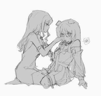 2girls animal_ears bang_dream! bang_dream!_it&#039;s_mygo!!!!! barefoot bdsm blush chain chain_leash chihaya_anon chinese_commentary collar commentary_request dog_ears femdom glasses greyscale highres holding holding_leash kemonomimi_mode leash long_hair looking_at_another monochrome multiple_girls nagasaki_soyo off_shoulder parted_lips pleated_skirt sitting skirt slave strap_slip thigh_strap waeoo yuri