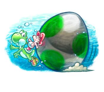 2boys absurdres air_bubble baby baby_mario boots brown_boots brown_hair bubble diaper egg green_yoshi harada_masamichi hat highres mario mario_(series) multiple_boys nintendo official_art red_hat short_hair third-party_source transparent_background underwater yoshi yoshi&#039;s_new_island yoshi_egg
