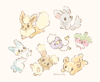 Rule 34 | bounsweet, brown fur, buneary, character request, commentary request, eevee, gen 1 pokemon, gen 4 pokemon, gen 7 pokemon, highres, mofucoffee, nintendo, no humans, open mouth, pachirisu, pokemon, pokemon (creature), pokemon focus, simple background, smile, twitter username, white background
