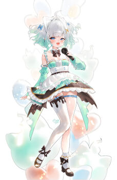 1girl :d absurdres ahoge apron arm_at_side asymmetrical_legwear black_shoes black_skirt blue_bow blue_eyes blush bobby_socks bow breasts commentary detached_collar detached_sleeves dress english_commentary fang full_body gradient_hair green_dress green_hair green_sleeves hair_bow hair_ornament highres holding holding_microphone indie_virtual_youtuber long_sleeves looking_at_viewer maid_headdress microphone mila_(milaart12) mint_fantome mint_fantome_(minto_2.0) multicolored_hair open_mouth shoes short_hair signature single_thighhigh skin_fang skirt sleeve_garter small_breasts smile socks solo standing standing_on_one_leg striped_clothes striped_dress thigh_strap thighhighs triangular_headpiece two-tone_hair uneven_legwear vertical-striped_clothes vertical-striped_dress virtual_youtuber white_apron white_hair white_socks white_thighhighs wide_sleeves x_hair_ornament