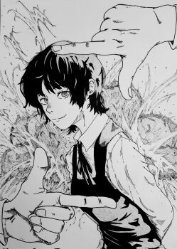 Rule 34 | 1girl, arms behind back, black hair, breasts, closed mouth, eindrawppsn, eri (sayonara eri), explosion, framed, greyscale, hatching (texture), highres, long sleeves, looking at viewer, messy hair, monochrome, neck ribbon, ribbon, sayonara eri, school uniform, shirt, short hair, small breasts, smile, white shirt