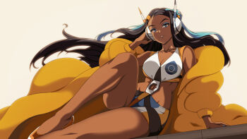 1girl absurdres bikini black_hair blue_eyes blue_eyeshadow blue_hair breasts cleavage coat collarbone cosplay crop_top dark-skinned_female dark_skin elesa_(pokemon) elesa_(pokemon)_(cosplay) eyeshadow fur_coat fur_jacket headphones high_heels highres jacket large_breasts legs long_hair looking_at_viewer makeup multicolored_hair nessa_(pokemon) nintendo parted_lips pokemon pokemon_bw2 pokemon_swsh simple_background sitting solo sports_bikini swimsuit tankini thighs two-tone_hair vivivoovoo yellow_coat yellow_jacket