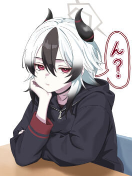 1girl alternate_hair_length alternate_hairstyle black_hair black_hoodie black_horns blue_archive bright_pupils closed_mouth commentary_request demon_girl demon_horns double-parted_bangs eyelashes frown gradient_hair grey_halo hair_between_eyes halo hand_on_own_cheek hand_on_own_face hand_up highres hood hood_down hoodie horns kayoko_(blue_archive) long_sleeves looking_at_viewer medium_hair multicolored_hair red_eyes simple_background sitting solo speech_bubble translated tsurime two-tone_hair u-ho_(uhokk00) upper_body white_background white_hair white_pupils wolf_cut