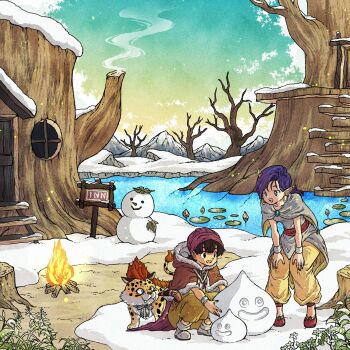 Rule 34 | 1boy, 1girl, bare tree, bella (dq5), black hair, blue sky, boots, borongo, bracelet, brown coat, campfire, coat, commentary request, dragon quest, dragon quest v, fairy, full body, fur-trimmed coat, fur trim, great sabrecub, hero (dq5), highres, hood, hood down, inn, jewelry, long hair, open mouth, outdoors, pants, pointy ears, purple hair, purple turban, red sash, sash, sky, slime (dragon quest), snow, snowman, toriga, tree, treehouse, turban, water, yellow pants