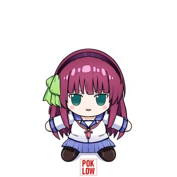 Rule 34 | 1girl, :d, a-pose, angel beats!, artist name, black hairband, blue skirt, blunt bangs, blush stickers, bow, character doll, commentary, doll, full body, fumo (doll), green bow, green eyes, hair bow, hairband, highres, long hair, long sleeves, looking at viewer, miniskirt, nakamura yuri, neckerchief, open mouth, pink neckerchief, pleated skirt, poklow, purple hair, shinda sekai sensen uniform, shirt, sidelocks, simple background, sitting, skirt, smile, solo, straight hair, white background, white shirt