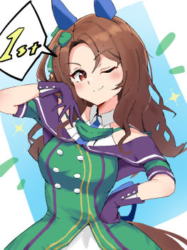 1girl black_gloves brown_hair buttons commentary commission dress ear_covers gloves green_dress highres horse_girl king_halo_(king_of_emeralds)_(umamusume) king_halo_(umamusume) one_eye_closed pixiv_commission red_eyes solo speech_bubble tylerdurdenen umamusume