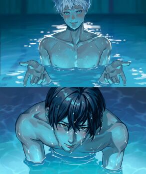 1boy 2boys black_hair blush closed_mouth collarbone fingernails hair_between_eyes hashtag-only_commentary highres hikaru_ga_shinda_natsu i'll_teach_you_everything_(chainsaw_man) indou_hikaru light_reflection_(water) lips looking_at_viewer male_focus movie_reference multiple_boys nipples no_mole nose nude partially_submerged pool red_pupils scene_reference short_eyebrows short_hair skinny_dipping solo tsujinaka_yoshiki upper_body verbartt wet wet_hair white_hair yaoi
