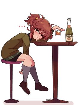 1girl alcohol alisa_(girls_und_panzer) bar_stool black_shorts brown_eyes brown_hair brown_shoes cup dhalsk drinking_glass freckles girls_und_panzer green_jacket grey_socks hair_ornament hairclip highres jacket looking_at_viewer saunders_military_uniform shoes short_twintails shorts socks solo stool table twintails