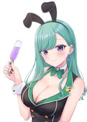 Rule 34 | 1girl, absurdres, animal ears, aqua hair, bare shoulders, black hairband, black nails, black vest, blush, bow, bowtie, breasts, bunny garden, buttons, champagne flute, chinachi, cleavage, collar, collared vest, cup, double-breasted, drinking glass, ear piercing, earrings, fake animal ears, green bow, green bowtie, green collar, green hair, hair behind ear, hairband, highres, holding, holding cup, jewelry, large breasts, long hair, looking at viewer, mole, mole on breast, piercing, purple eyes, rabbit ears, simple background, single earring, smile, solo, swept bangs, upper body, vest, virtual youtuber, vspo!, white background, wrist cuffs, yakumo beni
