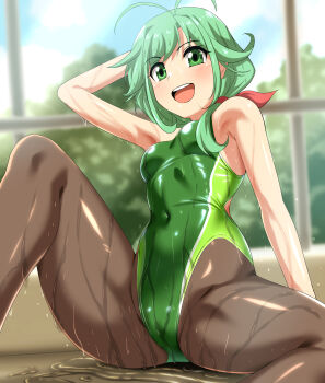 Rule 34 | 1girl, absurdres, antenna hair, black pantyhose, breasts, commentary request, competition swimsuit, covered navel, green eyes, green hair, green one-piece swimsuit, hair over shoulder, highleg, highleg one-piece swimsuit, highres, kantai collection, long hair, matsu (kancolle), one-piece swimsuit, open mouth, pantyhose, pantyhose under swimsuit, sitting, small breasts, smile, solo, spread legs, swimsuit, teeth, two-tone swimsuit, upper teeth only, variant set, wet, wet clothes, wet swimsuit, zanntetu