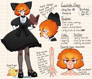 1girl absurdres arm_behind_back asexual_flag bird black_bow black_dress black_footwear blush bone book bow character_name character_profile closed_mouth commentary dress duck english_commentary eyelashes frilled_dress frills from_side full_body hair_bow highres holding holding_book lucinda_grey lucinda_grey_(character) multiple_views open_book orange_hair original portrait red_eyes see-through_body short_hair standing vampire