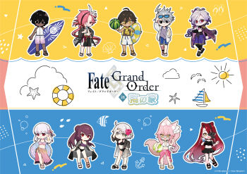 5boys 5girls ahoge animal_ear_fluff animal_ears arjuna_(fate) artist_request ball beachball bikini black_eyes bow-shaped_hair braid brown_hair chibi chibi_only dark-skinned_male dark_skin edmond_dantes_(fate) fate/grand_order fate_(series) flower fox_ears fox_girl fox_tail full_body glasses gradient_hair grey_hair hair_flower hair_ornament highres holding holding_ball holding_beachball holding_swim_ring innertube jacket james_moriarty_(ruler)_(fate) jeanne_d'arc_alter_(fate) kama_(fate) koyanskaya_(fate) lightning_ahoge long_hair looking_at_viewer multicolored_hair multiple_boys multiple_girls official_art open_mouth orange_eyes ozymandias_(fate) pink_hair ponytail promotional_art purple_hair red_eyes red_hair sarong scathach-skadi_(fate) scathach_(fate) shirt short_hair shorts smile standing sweets_paradise swim_ring swimsuit tail takasugi_shinsaku_(fate) the_count_of_monte_cristo_(fate) twintails typhon_ephemeros_(fate) watermelon_beachball white_hair yellow_eyes