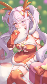 1girl absurdres alice_(nikke) alternate_costume antlers blush breasts cleavage commentary_request dengmingxuan~chacha dress fake_antlers fur-trimmed_dress fur_trim goddess_of_victory:_nikke highres horns large_breasts looking_at_viewer open_mouth purple_eyes red_thighhighs reindeer_antlers santa_costume santa_dress sidelocks solo thighhighs twintails white_hair