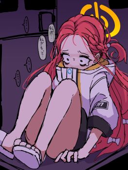 1girl blue_archive crying crying_with_eyes_open dr_yamero halo highres in_locker jacket knees_up long_hair red_hair sandals sitting solo tears toes translation_request white_jacket white_sandals yellow_halo yuzu_(blue_archive)