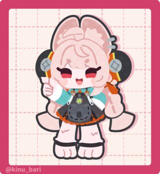 1girl ahoge animal_ear_fluff animal_ears braid chibi commentary furry furry_female grid_background kinubari_nerune long_hair looking_at_viewer open_mouth pink_fur pink_hair rabbit_ears rabbit_girl red_eyes solo thick_eyebrows twin_braids zenless_zone_zero zhao_(zenless_zone_zero)