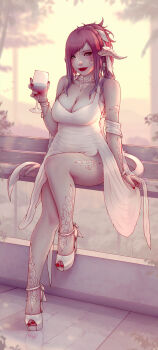 Rule 34 | 1girl, au ra, blurry, blurry background, breasts, brown hair, cleavage, commentary, cup, dragon horns, dragon tail, dress, drinking glass, english commentary, final fantasy, final fantasy xiv, green eyes, high heels, highres, horns, large breasts, long hair, looking at viewer, plexi, ponytail, red nails, solo, soranamae, tail, white dress, white scales, wine glass