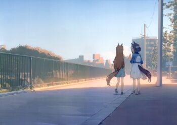 2girls :d absurdres animal_ears backpack bag black_hair black_shoes blue_jacket blue_skirt blue_sky braid building day ear_ornament facing_away fence from_behind full_body grass_wonder_(umamusume) half_up_braid hand_up highres horse_ears horse_girl horse_tail jacket long_hair multiple_girls nyum open_mouth outdoors pink_shoes scenery shade shoes short_hair short_sleeves skirt sky smile socks special_week_(umamusume) standing tail third-party_source three-quarter_sleeves umamusume utility_pole white_bag white_hair white_skirt white_socks wide_shot