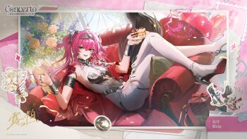 1girl armlet armor artist_name balloon bodysuit boots breastplate cake chinese_commentary collar commentary_request crossed_legs earrings flower food hairband high_heel_boots high_heels highres holding holding_plate jewelry kyo_zip long_hair looking_at_viewer lupa_(wuthering_waves) metal_collar metal_hairband official_art open_mouth pink_hair plate rose second-party_source sitting_sideways smile solo tail thigh_boots twintails white_bodysuit white_boots wolf_tail wuthering_waves