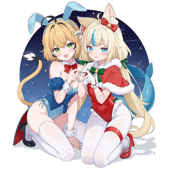 2girls :3 ahoge alternate_costume animal_ear_fluff animal_ears black_hair black_shoes blonde_hair blue_eyes blue_hair blue_leotard bow breasts capelet cat_ears cat_girl commentary covered_navel detached_collar dooby english_commentary fins fish_tail flat_chest gloves green_eyes green_ribbon highres hitsukuya indie_virtual_youtuber leotard lion_girl lion_tail long_hair looking_at_viewer medium_breasts multicolored_hair multiple_girls pantyhose red_bow red_capelet red_leotard red_shoes ribbon sameko_saba shark_girl shark_tail shoes sitting smile tail virtual_youtuber white_gloves white_pantyhose