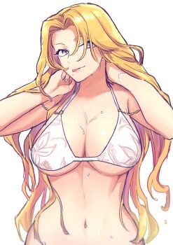 1girl bikini bleach blue_eyes breasts commentary_request hair_over_one_eye large_breasts long_hair matsumoto_rangiku mole mole_under_mouth nanao_itsuki navel orange_hair solo sweat swimsuit tongue tongue_out underboob upper_body white_bikini