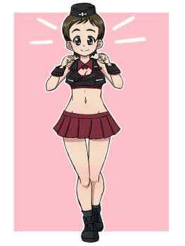 Rule 34 | 1girl, blush, breasts, brown eyes, brown hair, cleavage, closed mouth, girls und panzer, hida ema, kuromorimine military uniform, looking at viewer, military uniform, miniskirt, navel, pink background, pleated skirt, red skirt, short hair, simple background, skirt, small breasts, smile, solo, takahashi kurage