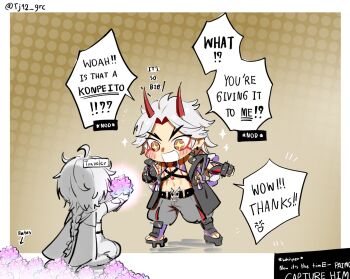 +_+ 2boys abs aether_(genshin_impact) ahoge arataki_itto belt black_belt blush body_markings border bracelet braid braided_ponytail chibi colored_inner_hair commentary earrings english_commentary english_text facial_mark from_behind full_body genshin_impact grey_jacket grey_pants highres holding horns jacket japanese_clothes jewelry kneeling long_hair looking_at_object male_focus multicolored_hair multiple_boys oni open_mouth pants pointing pointing_at_self polka_dot polka_dot_background red_eyes red_hair red_horns sitting sparkle sparkling_aura speech_bubble spiked_bracelet spikes standing twitter_username two-tone_hair unholymilk white_border white_hair yellow_background