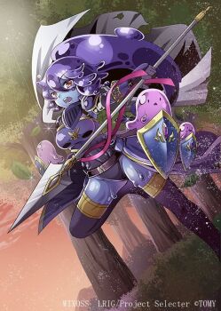 Rule 34 | 1girl, armored slime (wixoss), black thighhighs, breasts, copyright notice, hair between eyes, holding, holding polearm, holding shield, holding weapon, kei s01, lance, leotard, looking at viewer, medium breasts, monster girl, official art, outdoors, polearm, ponytail, purple hair, purple leotard, purple thighhighs, red eyes, shield, slime (creature), slime girl, slime hair, solo, thighhighs, tree, weapon, wixoss