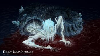 artist_name baloolax blood blood_on_ground bloodborne blue_eyes cosplay crawling crossover crystal demon demon_boy emaciated english_text hair_between_eyes highres holostars holostars_english long_hair monster_boy open_mouth regis_altare snail_shell snail_woman_(bloodborne) snail_woman_(bloodborne)_(cosplay) solo_focus virtual_youtuber