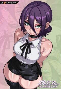 blannis boots bow chainsaw_man choker green_eyes looking_at_viewer looking_up multicolored_hair purple_hair reze_(chainsaw_man) shorts skindentation smile streaked_hair thick_thighs thighs