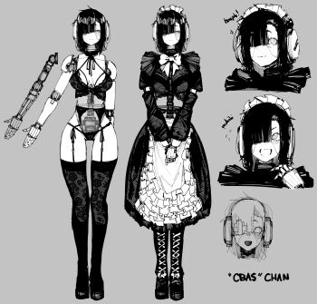 10_4_(10f0ur) 1girl absurdres alternate_costume android apron asymmetrical_hair belt black_dress black_skirt blush bow bowtie c-bas crop_top dress frilled_apron frills full_body garter_belt garter_straps greyscale hair_over_one_eye highres joints juliet_sleeves lace lace_thighhighs long_hair long_sleeves maid maid_apron mechabare mechanical_arms mechanical_hands monochrome no_pupils open_mouth original pleated_skirt puffy_sleeves reference_sheet robot robot_ears robot_girl robot_joints see-through_body shirt simple_background skirt solo spine thighhighs thighs white_apron white_belt