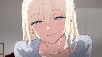 1girl blonde_hair blue_eyes butterfly_hair_ornament close-up closed_mouth collarbone collared_shirt grey_shirt hair_between_eyes hair_ornament highres long_hair looking_at_viewer misaki_nonaka mole mole_on_neck original shirt smile solo